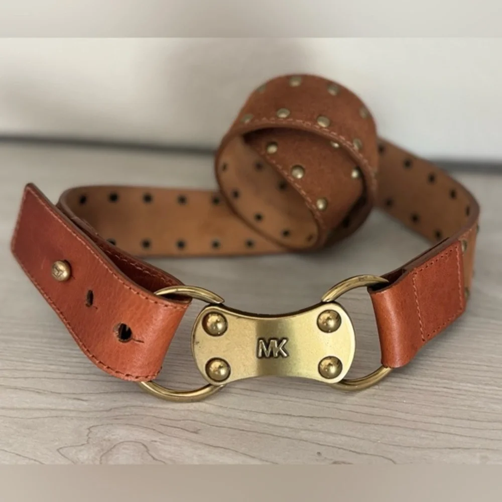 Michael Kors Chunky Tan Leather & Suede Belt with Gold Hardware M/L - Picture 2 of 7